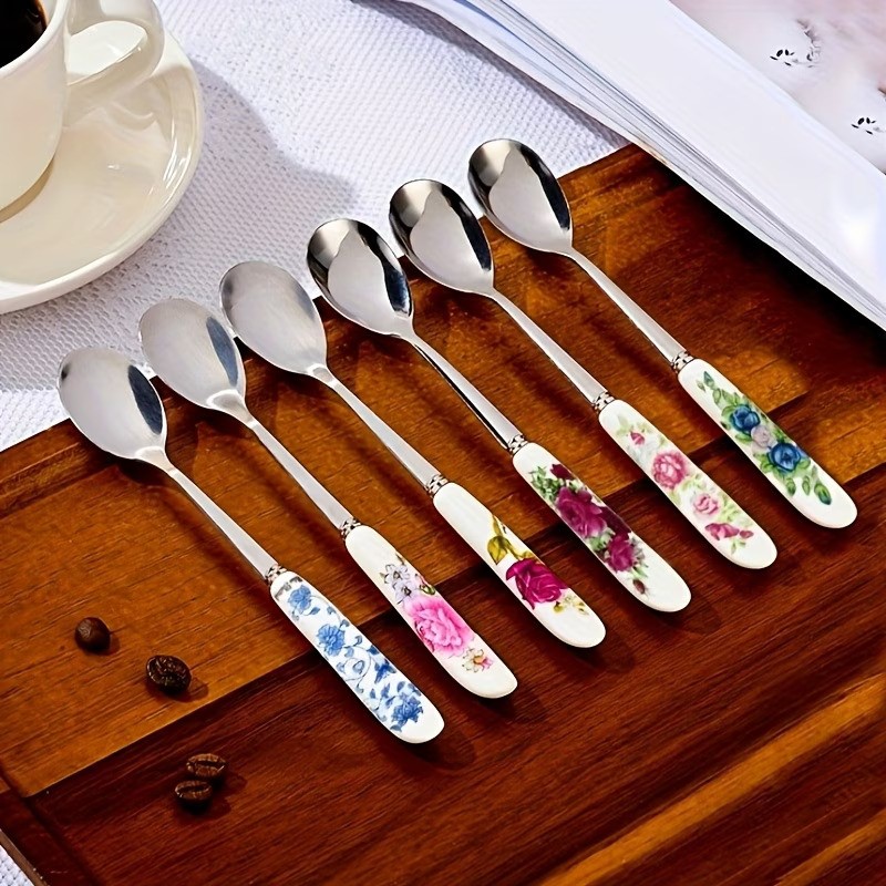 6-Piece Stainless Steel Coffee / Tea Spoons with Floral Ceramic Handles - 4