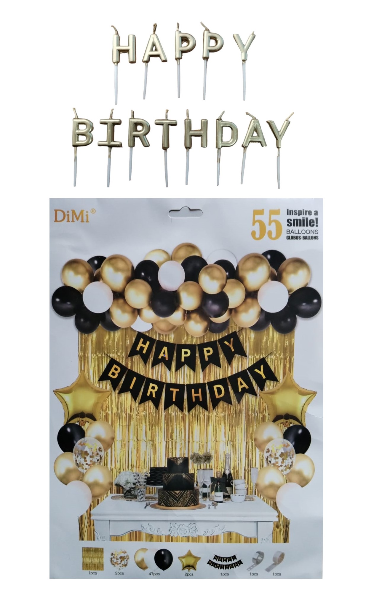 Gold, Black and White Party Balloon Pack with Golden Candle Cake Toppers – 69 Pieces