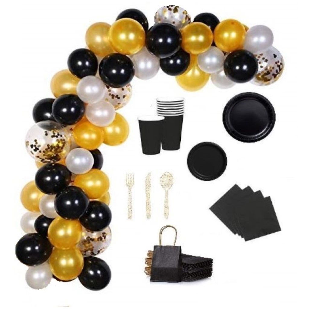 Elegant Luxe: Black, Gold & White Celebration Kit – 294-Piece Balloon Chain & Paper Tableware Set!