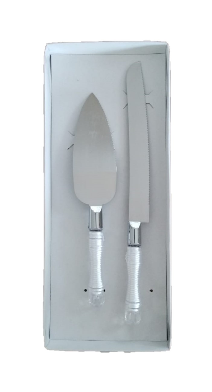 Wedding Cake Knife and Cake Lifter Set Decorated with White Silk Twine, Faux Pearls and Rhinestones - 2