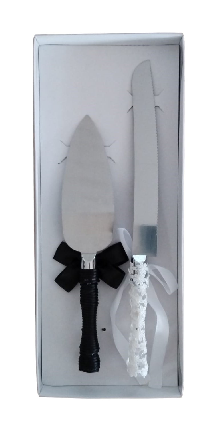 Wedding Cake Knife and Cake Lifter Set Decorated with Black Silk Twine, Lace, Ribbons and Rhinestones - 3