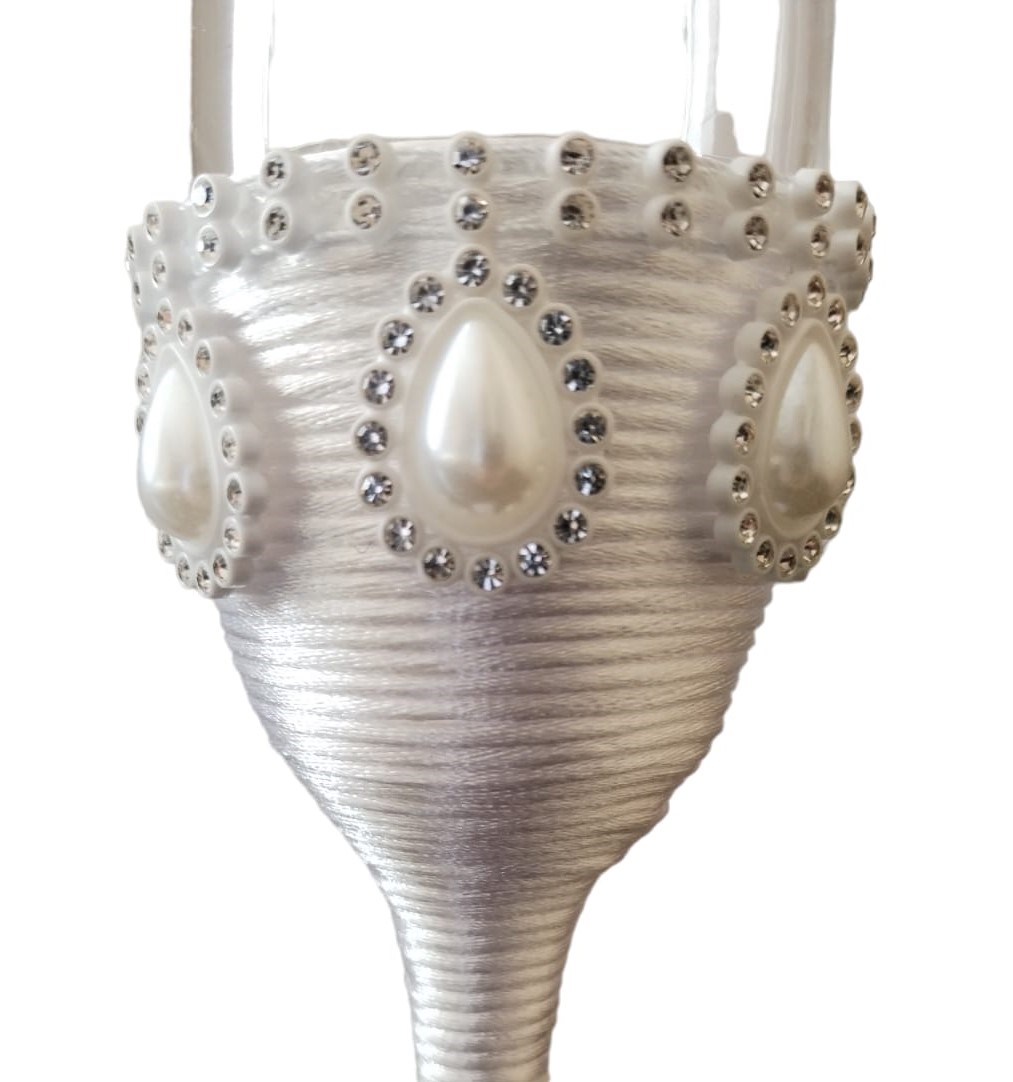 Wedding Champagne Flutes Decorated with Silk Twine, Faux Pearls and Rhinestones - 3