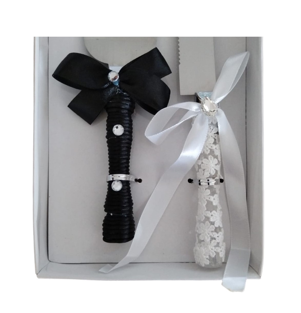 Wedding Cake Knife and Cake Lifter Set Decorated with Black Silk Twine, Lace, Ribbons and Rhinestones - 2