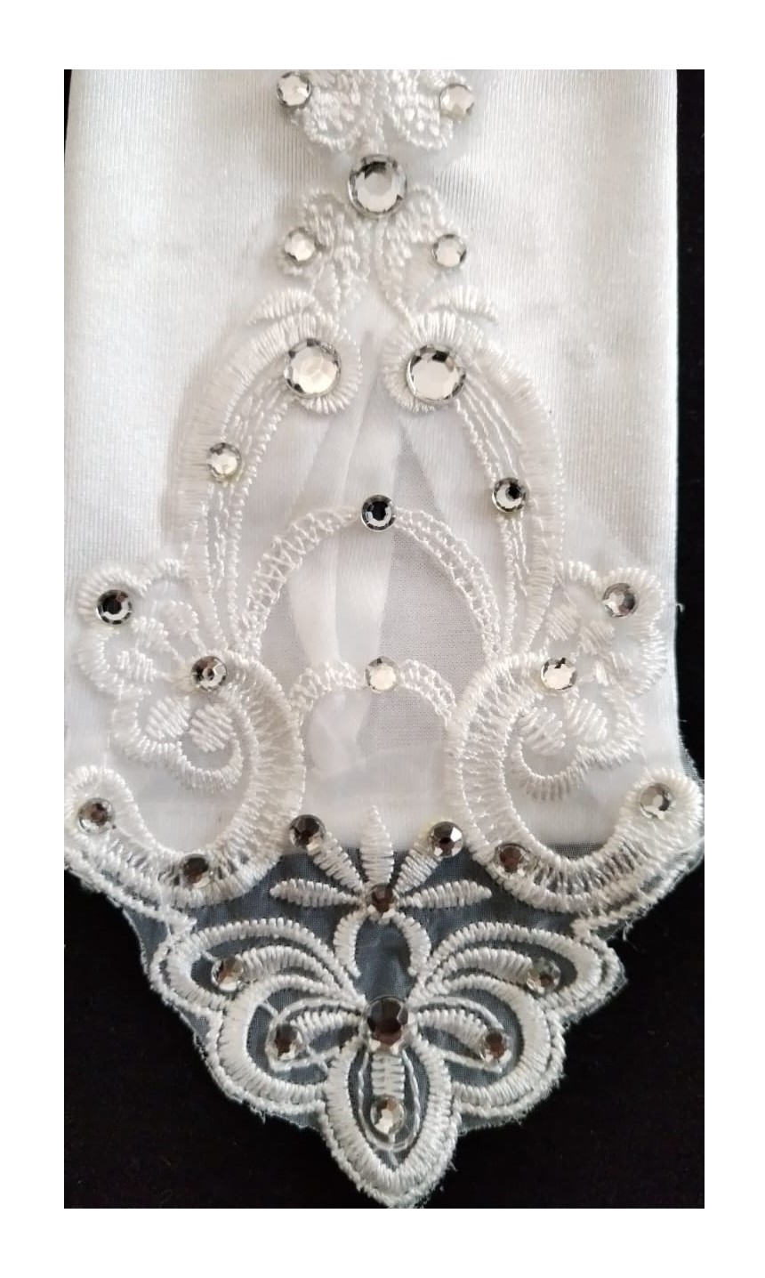 Elegant White Bridal Fingerless Spandex Gloves with Lace and Rhinestones Insert - 3