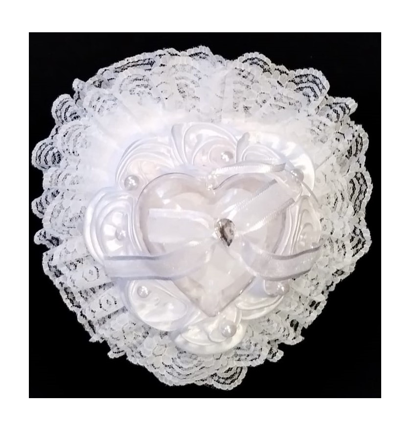 Satin Bridal Wedding Ring Bearer Cushion – Transparent Heart Shaped Ring Holder with Lid, Decorated with Lace, Silk Roses & Faux Pearls
