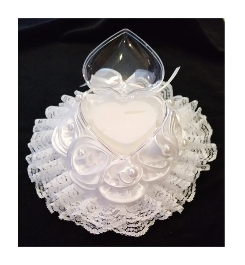 Satin Bridal Wedding Ring Bearer Cushion – Transparent Heart Shaped Ring Holder with Lid, Decorated with Lace, Silk Roses & Faux Pearls - 3