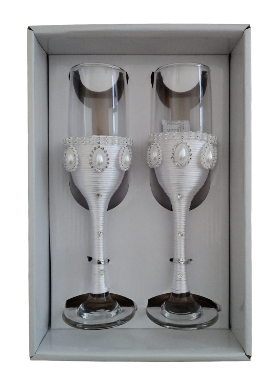 Wedding Champagne Flutes Decorated with Silk Twine, Faux Pearls and Rhinestones - 2