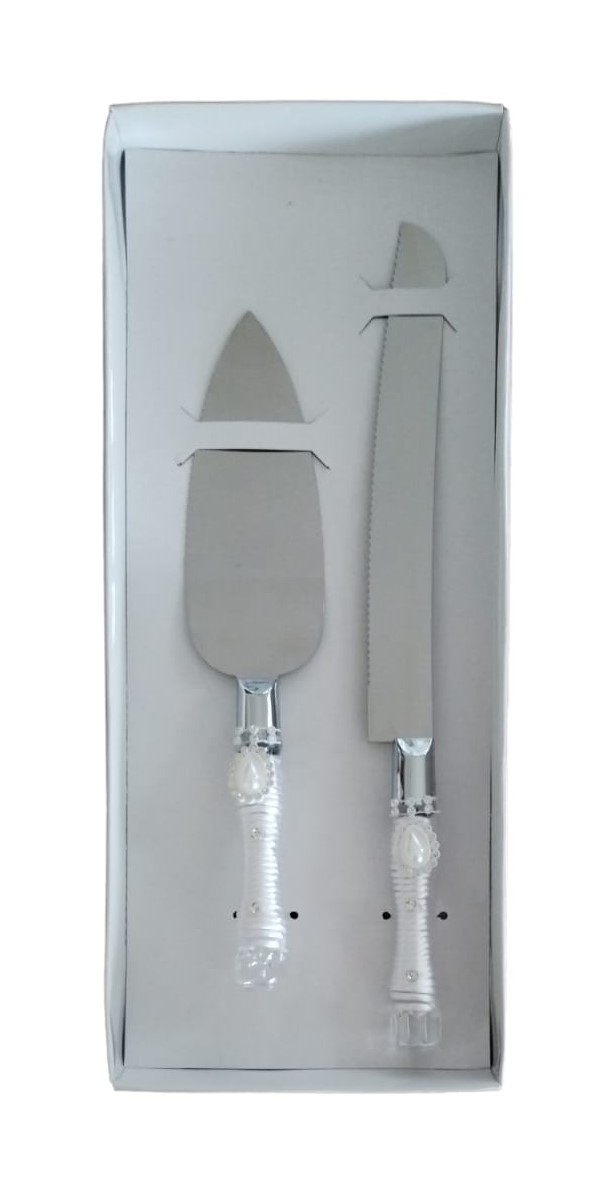 Wedding Cake Knife and Cake Lifter Set Decorated with White Silk Twine, Faux Pearls and Rhinestones