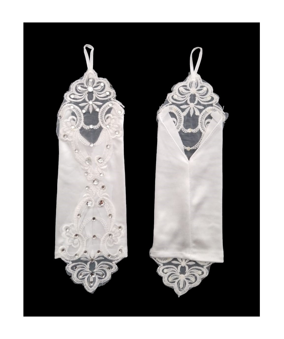 Elegant White Bridal Fingerless Spandex Gloves with Lace and Rhinestones Insert