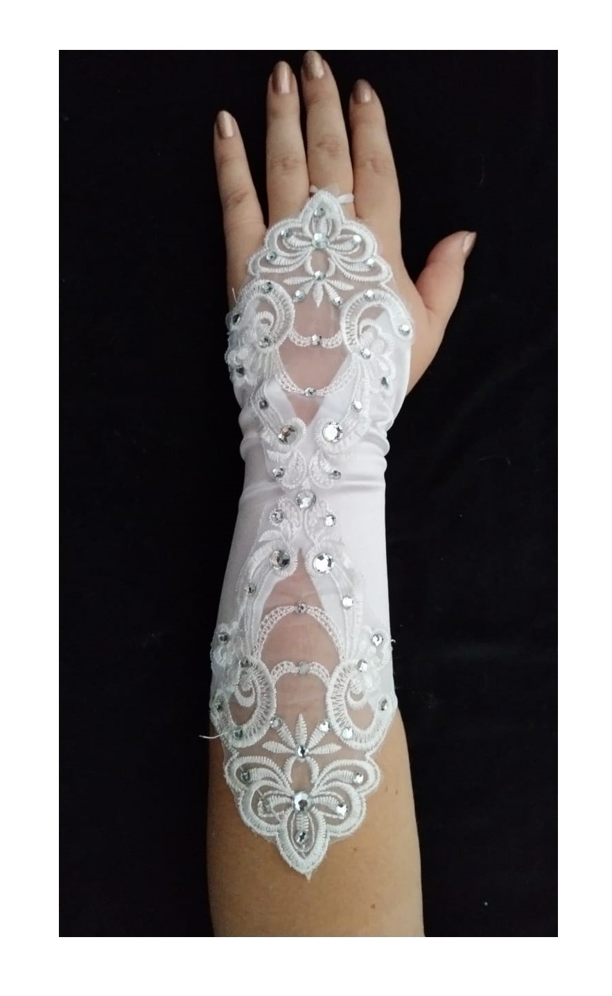 Elegant White Bridal Fingerless Spandex Gloves with Lace and Rhinestones Insert - 2