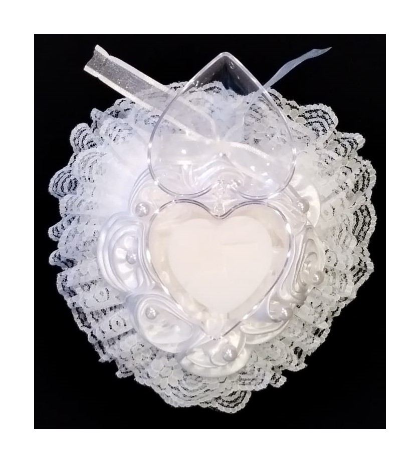 Satin Bridal Wedding Ring Bearer Cushion – Transparent Heart Shaped Ring Holder with Lid, Decorated with Lace, Silk Roses & Faux Pearls - 2