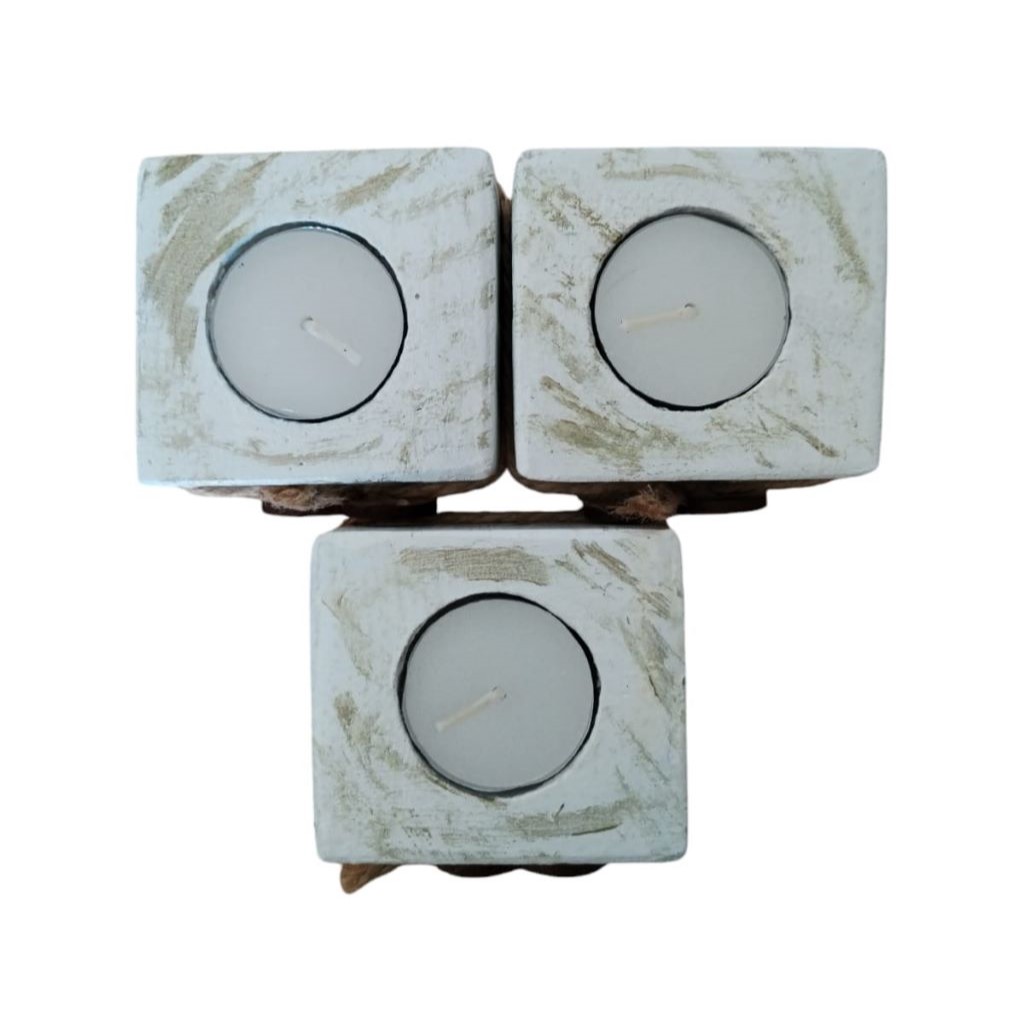 White Washed Wooden Candle Holders – Set of 3 - 5