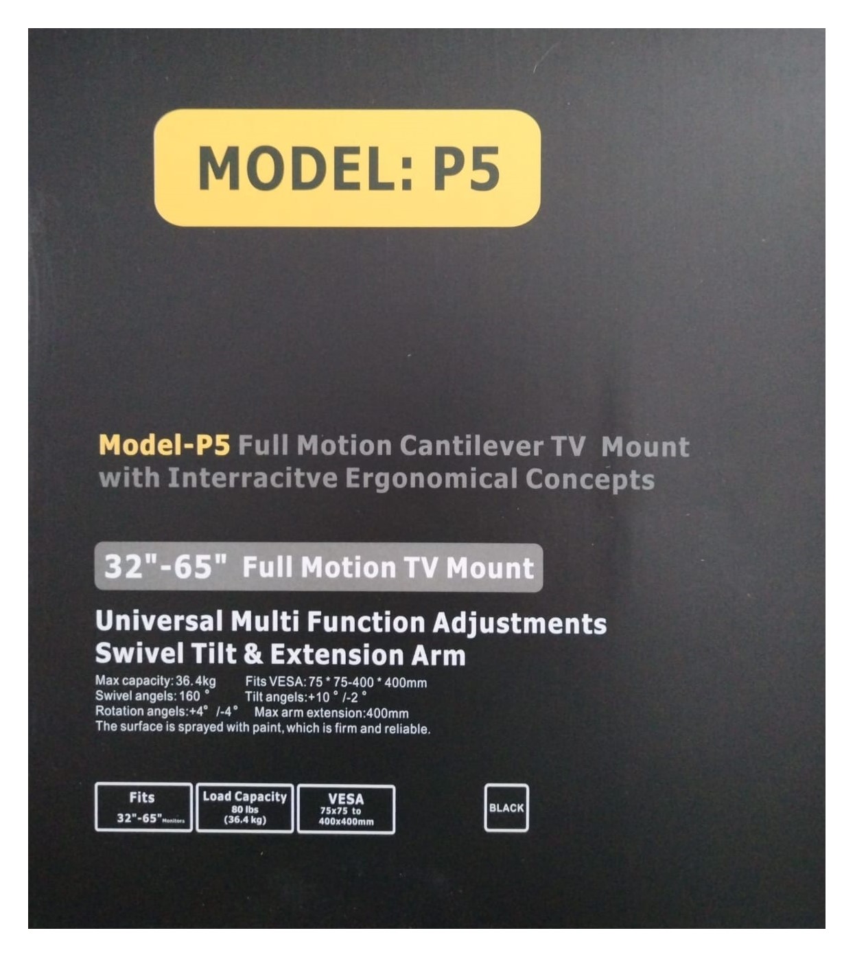 TV Mount for 32" to 65" Displays ? Load Capacity Max 36.4 kg (Black) - 2